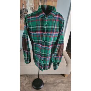 Vtg Polo Ralph Lauren Button Up Plaid Flannel Suede Elbow Pads Green Men's Size
